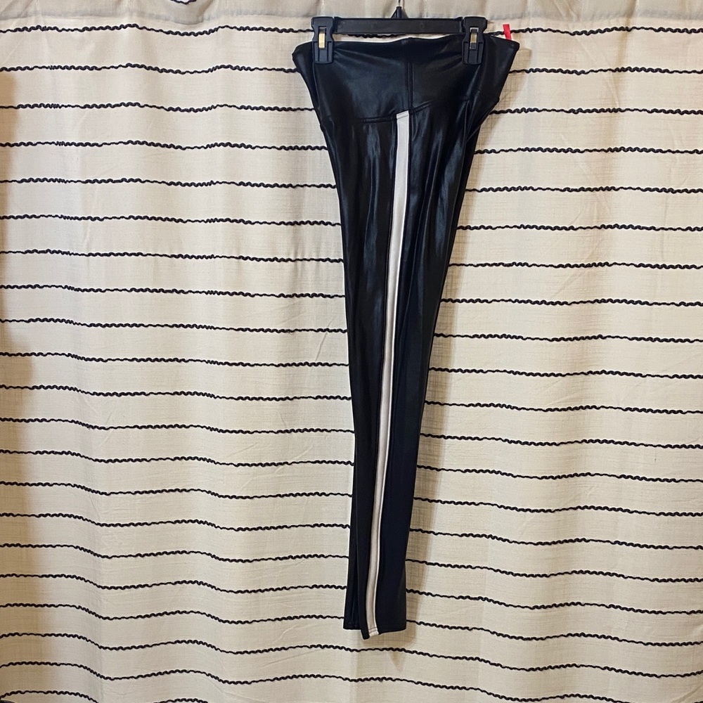 Spanx Black Faux Leather Leggings With White Stripe down the side